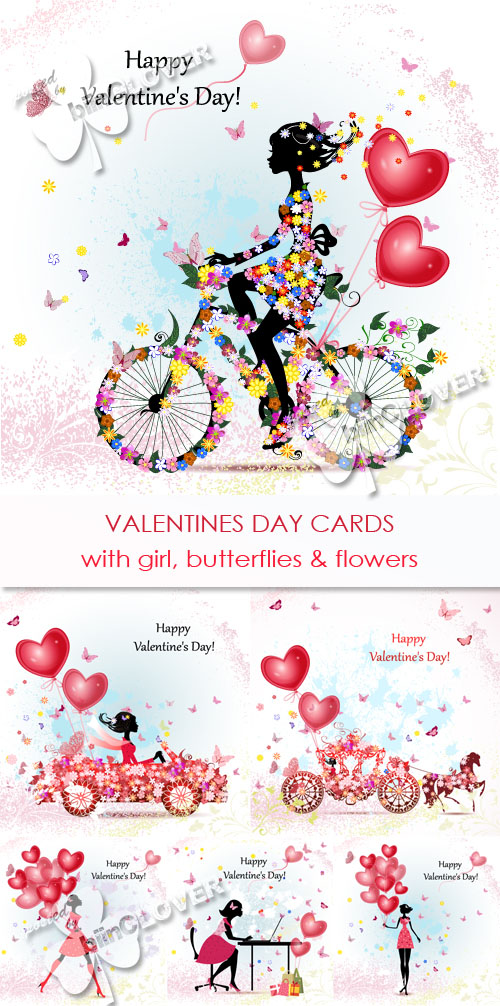 Valentine's Day cards with girl, butterflies and flowers 0365