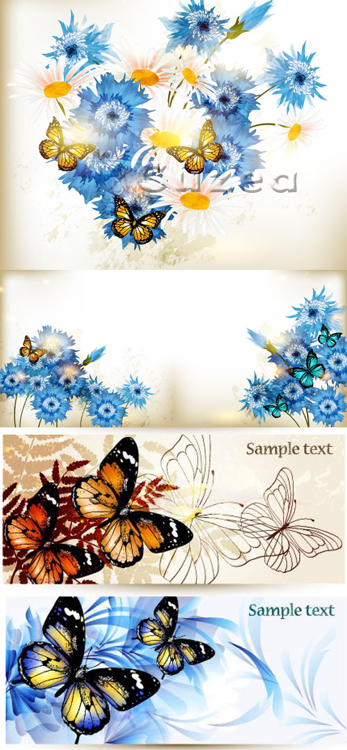    ,     / Gentle backgrounds with camomiles, cornflowers and butterflies in a vector
