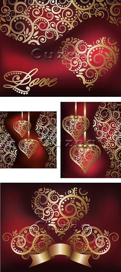       / Vintage hearts of gold and ornament in a vector