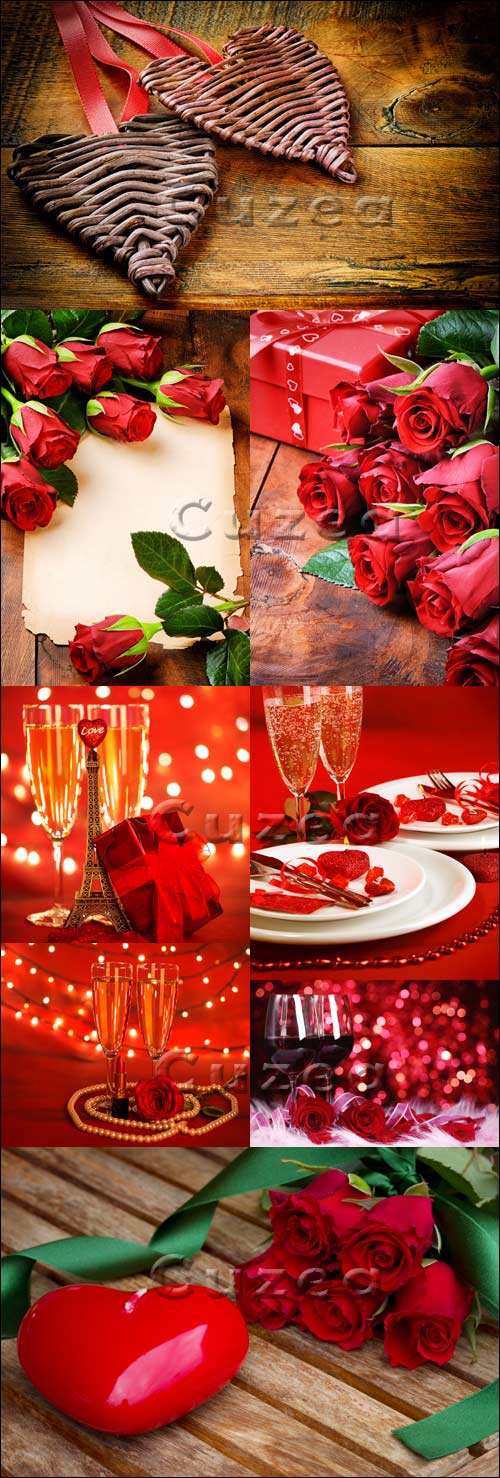 ,         / Roses, hearts and glasses on a wooden background by Valentine's Day - Stock photo
