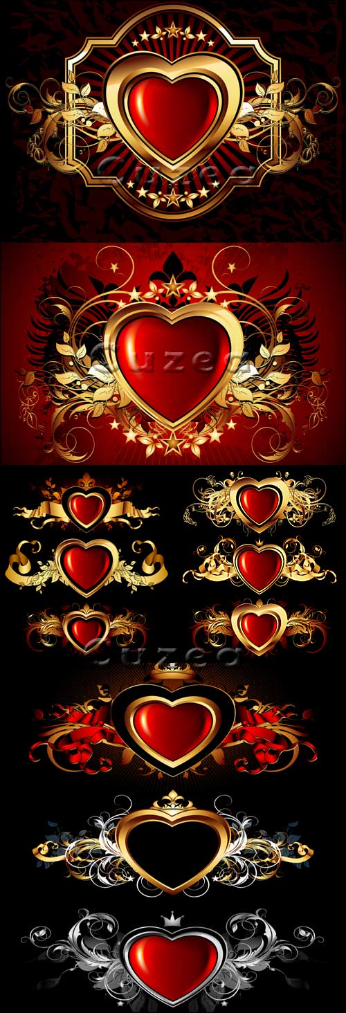          / Bright hearts with a gold ornament against a dark background in a vector