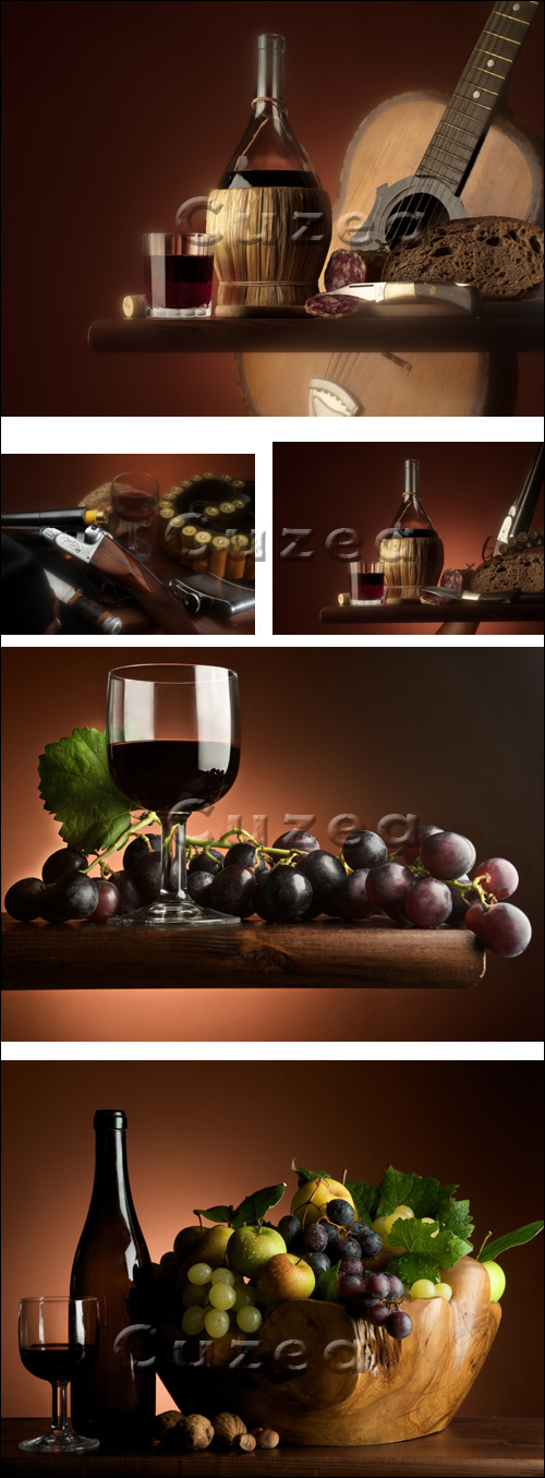  ,   / Red wine glass with fruit,  bread and salami - Stock photo