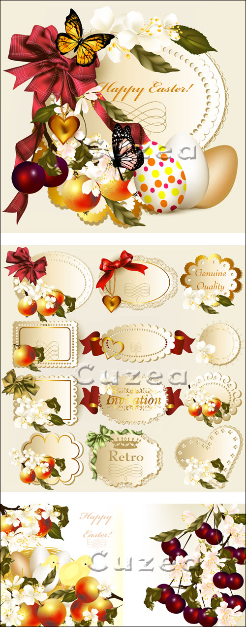     / Easter greeting card and labels  with eggs, apples, spring flowers and chick