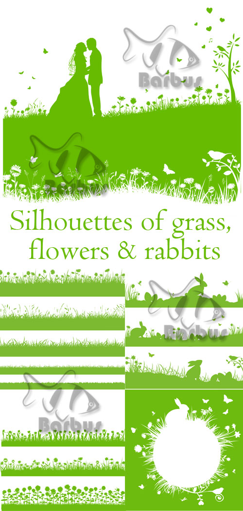 Silhouettes of grass, flowers and rabbits /  ,   