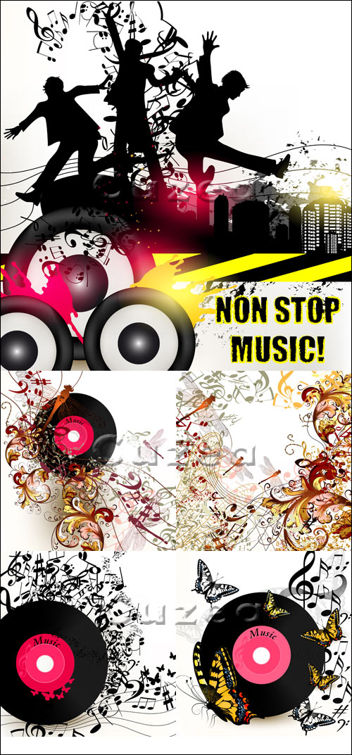      /  Grunge music vector banner for disco with ink spots, happy people silh